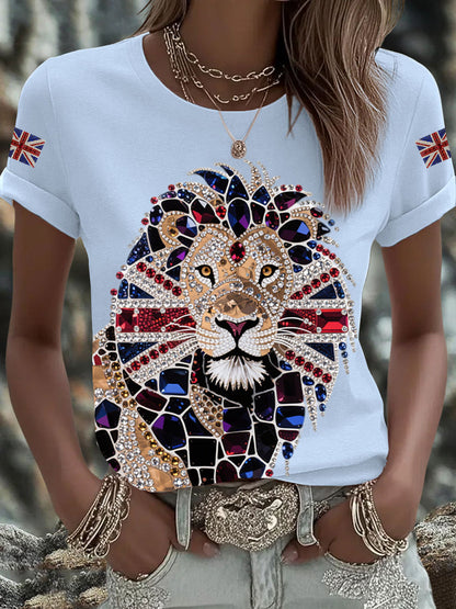Women's British imitation diamond hot-drilling Printed Iron On Short Sleeve T-Shirt