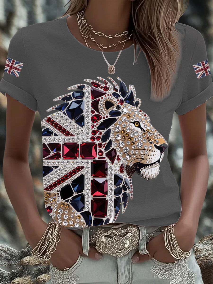 Women's British imitation diamond hot-drilling Printed Iron On Short Sleeve T-Shirt