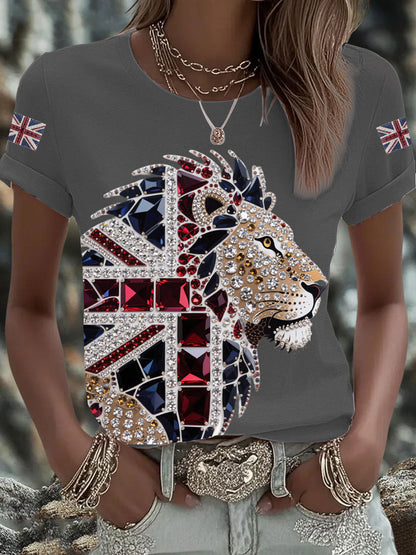 Women's British imitation diamond hot-drilling Printed Iron On Short Sleeve T-Shirt