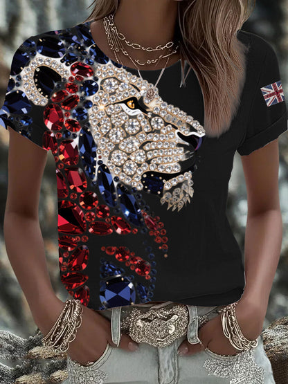 Women's British imitation diamond hot-drilling Printed Iron On Short Sleeve T-Shirt
