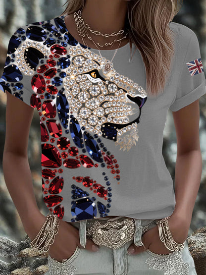Women's British imitation diamond hot-drilling Printed Iron On Short Sleeve T-Shirt