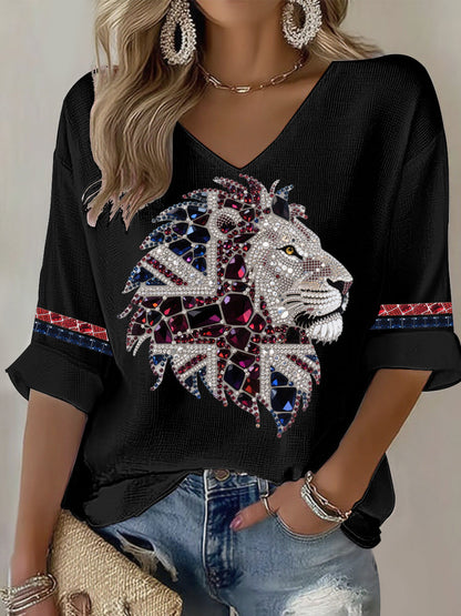 Women's British imitation diamond hot-drilling Printed Casual T-shirt