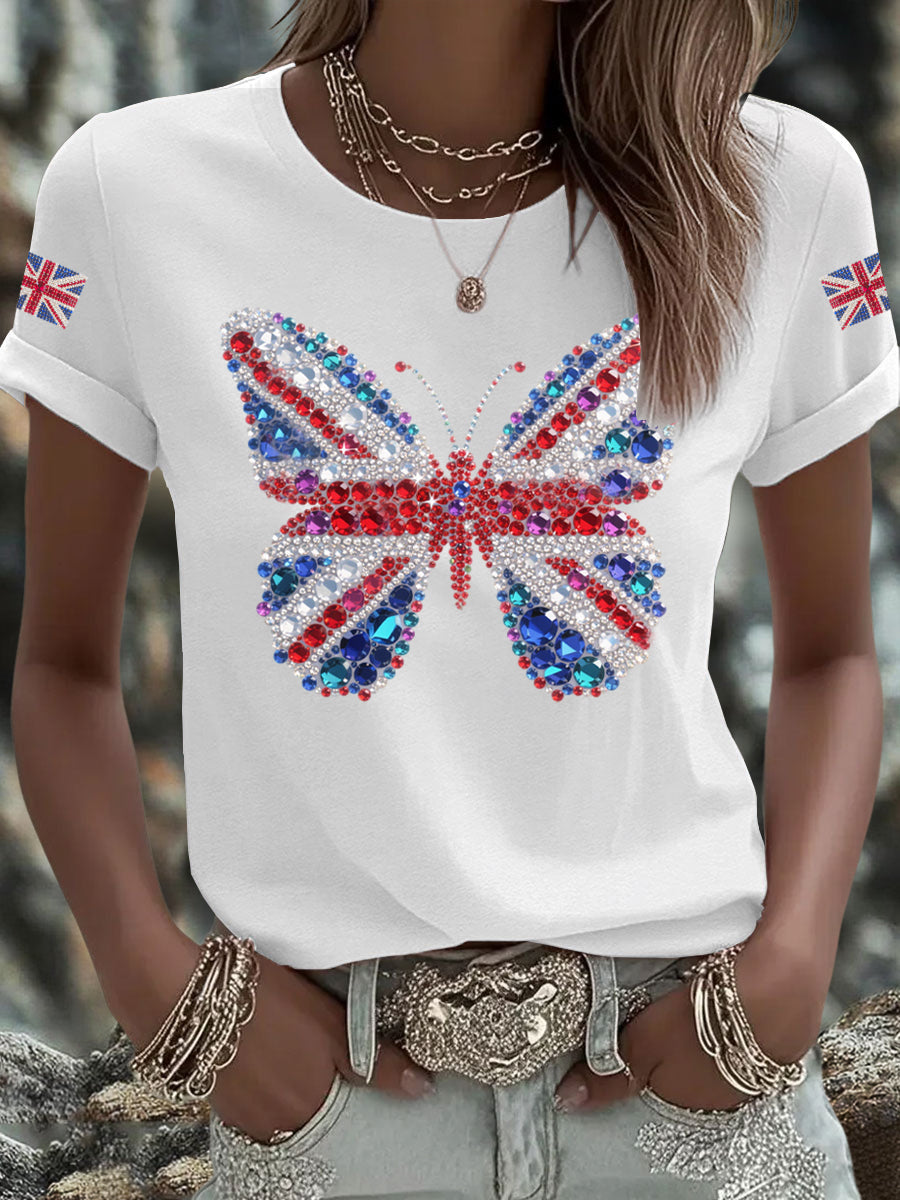 Women's British imitation diamond hot-drilling Printed Iron On Short Sleeve T-Shirt