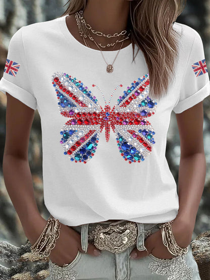 Women's British imitation diamond hot-drilling Printed Iron On Short Sleeve T-Shirt