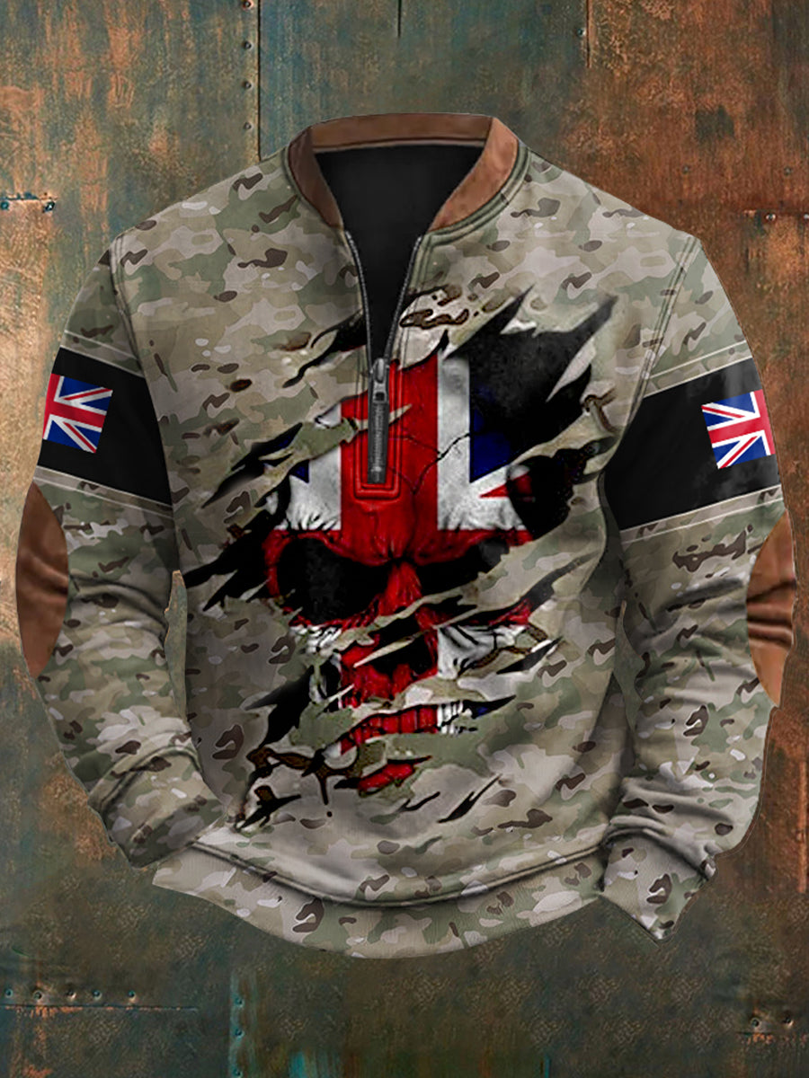 Men's UK Flag Camouflage Skull Print Casual Zipper Pullover