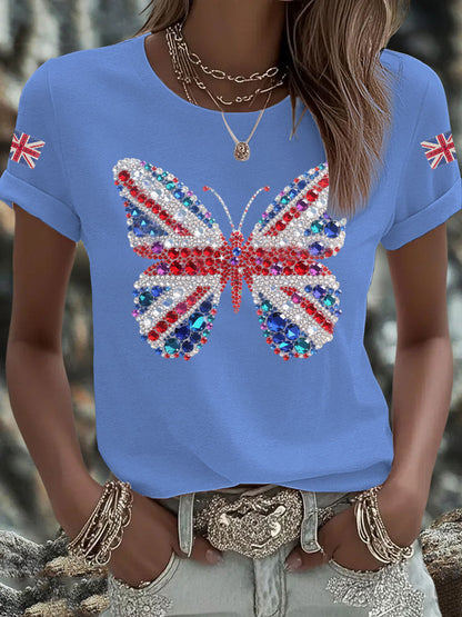 Women's British imitation diamond hot-drilling Printed Iron On Short Sleeve T-Shirt