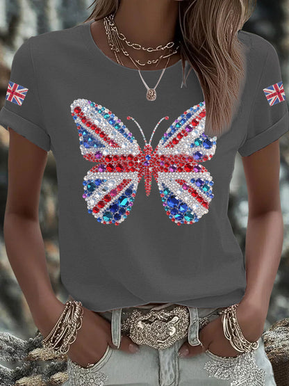 Women's British imitation diamond hot-drilling Printed Iron On Short Sleeve T-Shirt