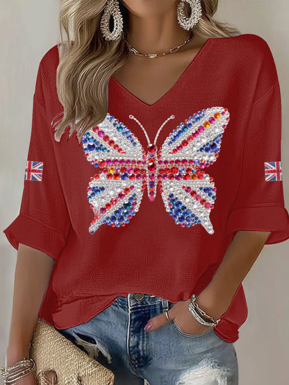 Women's British imitation diamond hot-drilling Printed Casual T-shirt