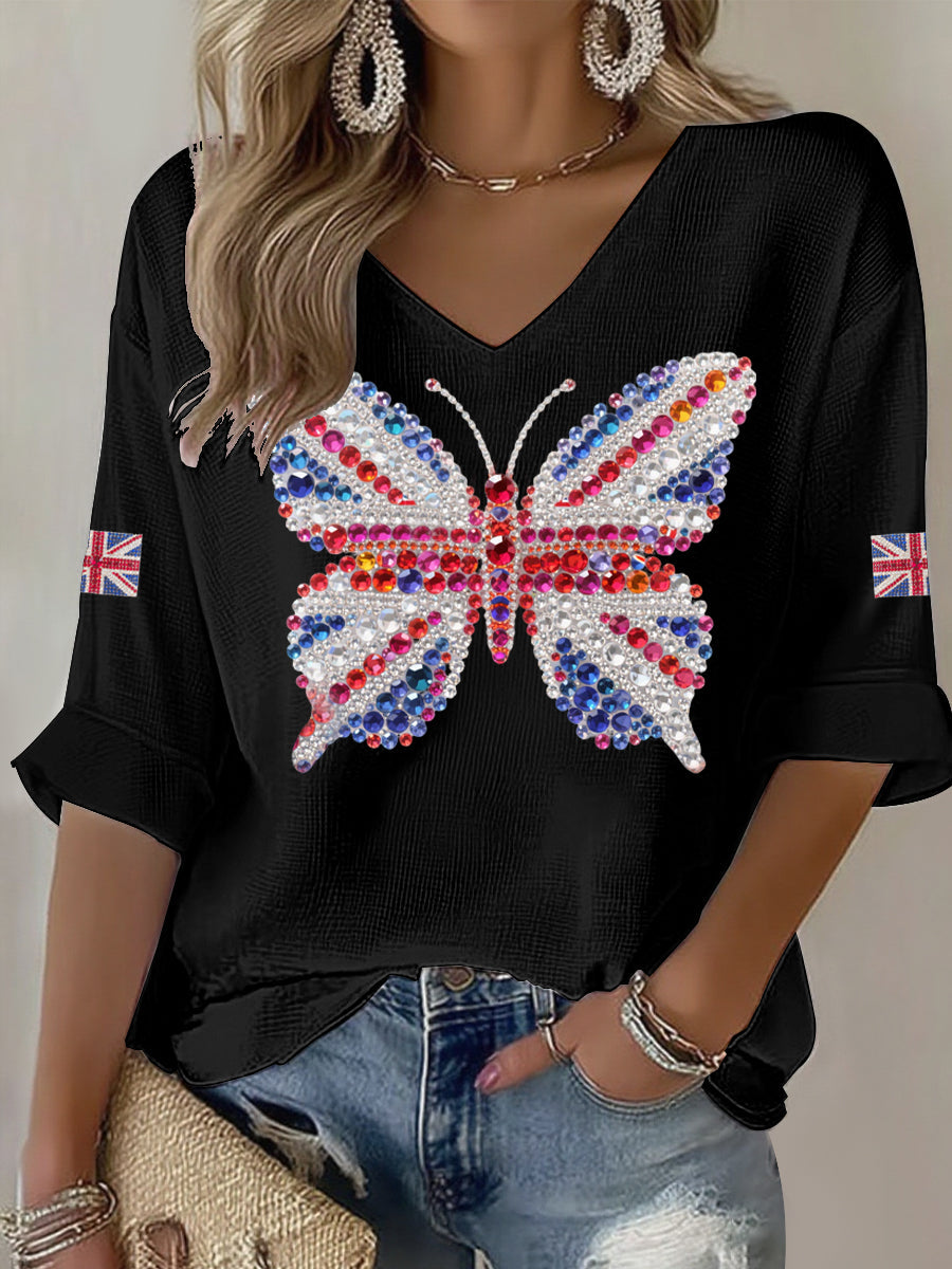 Women's British imitation diamond hot-drilling Printed Casual T-shirt