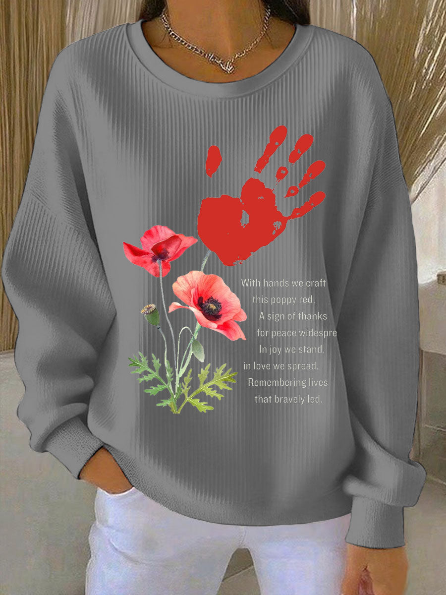 Women's Remembrance Day poppy print Ribbed Round-Neck Sweatshirt