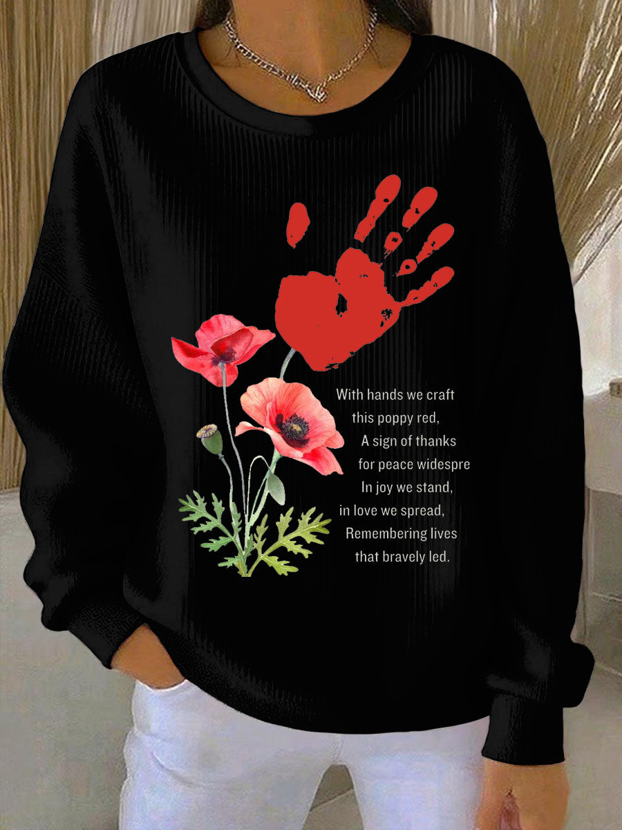 Women's Remembrance Day poppy print Ribbed Round-Neck Sweatshirt