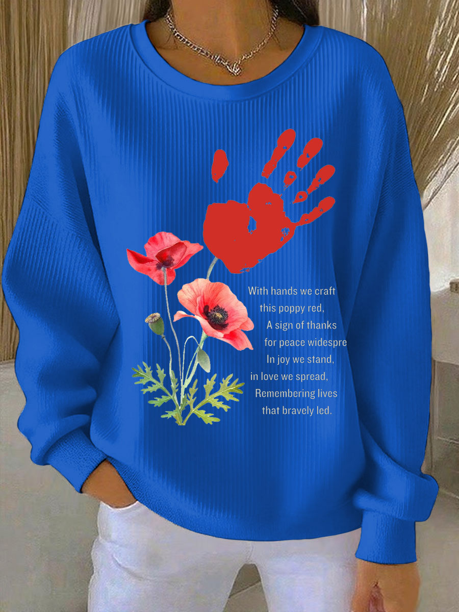 Women's Remembrance Day poppy print Ribbed Round-Neck Sweatshirt