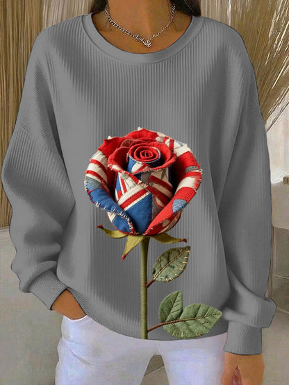 Women's British Rose Printed Ribbed Round-Neck Sweatshirt