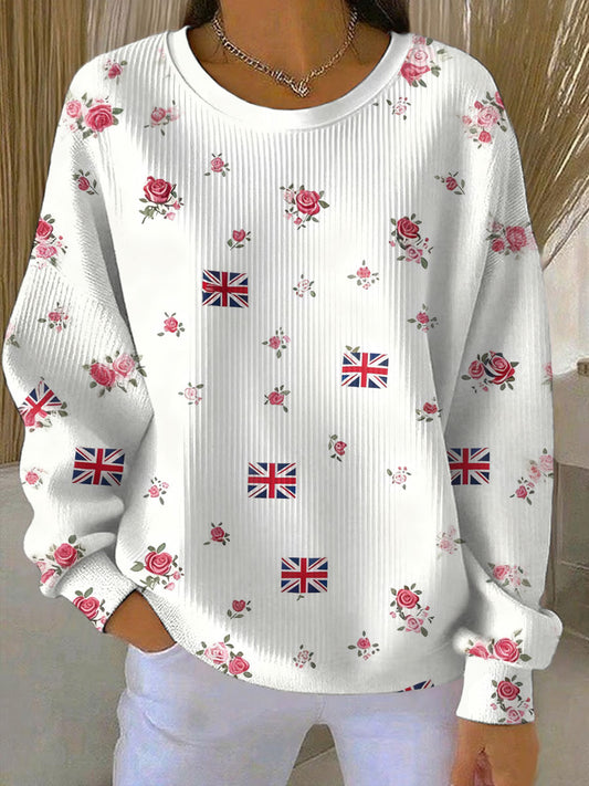Women's British Rose Printed Ribbed Round-Neck Sweatshirt