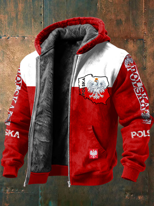 Patchworkowa kurtka z kapturem z polarową podszewką Retro Polska Flaga