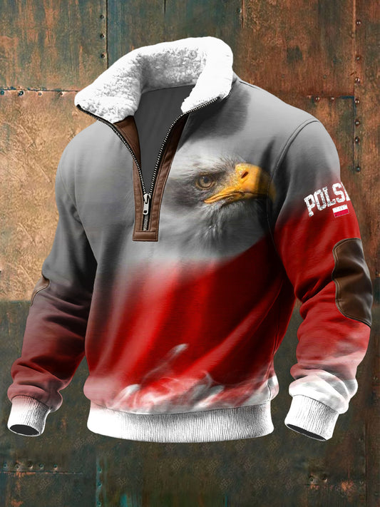 Retro Polski Orzeł Abstrakcyjny Sweter z Lambswool Zipper