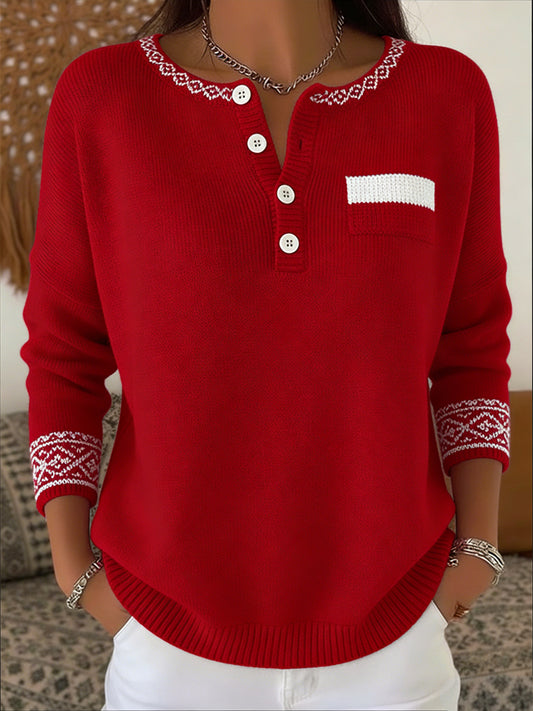 Damskie modne czerwone haftowane wykończenie Henley Top