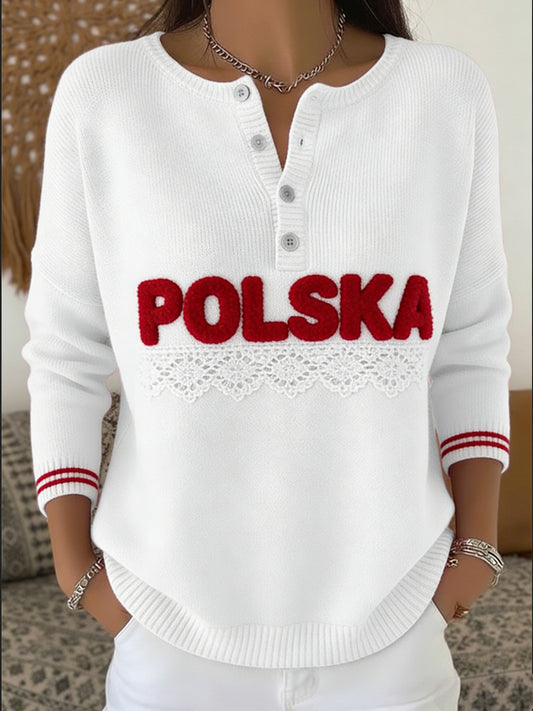 Elegancka biała koronka "POLSKA" z koronką Henley Top