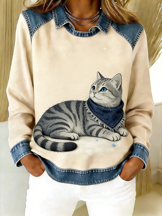 Retro uroczy szalik dla zwierząt, kot, jeansowy, patchwork, drukowany, luźna bluza z długim rękawem w klapie