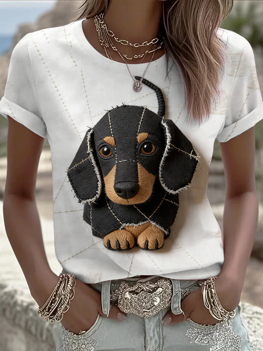 Damska śliczna koszulka z nadrukiem patchworku szczeniaka