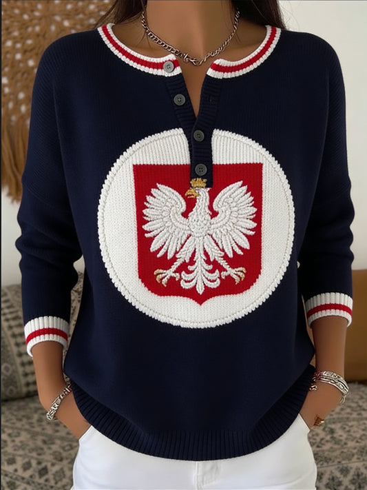 Elegancki damski granatowy polski emblemat orła Henley Top