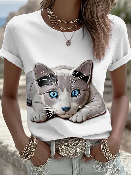 Damska koszulka z nadrukiem 3D Biały słodki kot