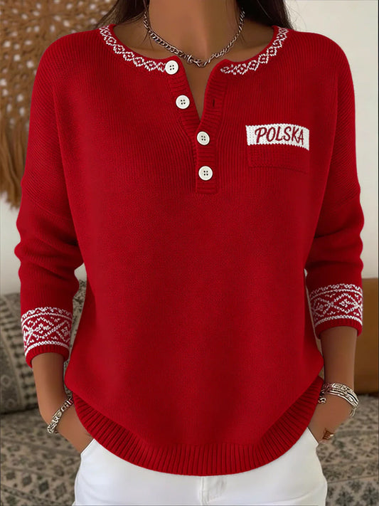 Damski Vintage Polski Flaga Nadruk Casual I Wygodny Sweter