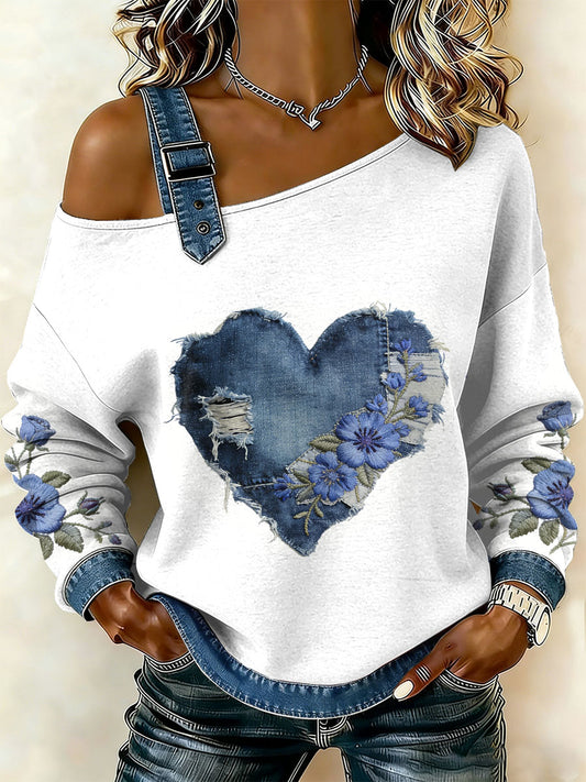 Damska bluza z motywem patchworku w stylu retro z kwiatowym sercem