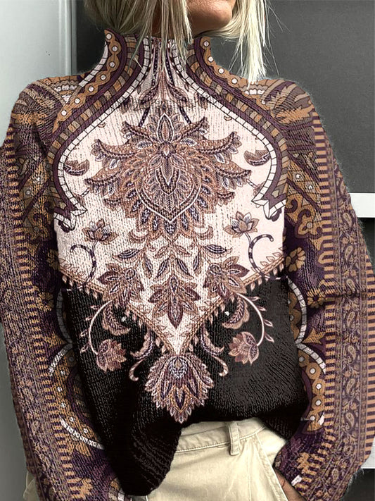 Damski czeski sweter z golfem w kwiaty z patchworkiem