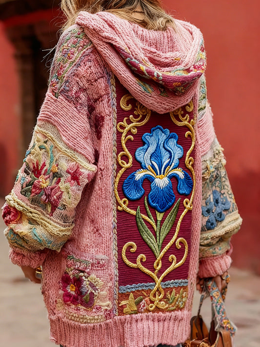 Damski styl vintage świadomość raka piersi z motywem kwiatowy wzór na guziki wygodny sweter z kapturem