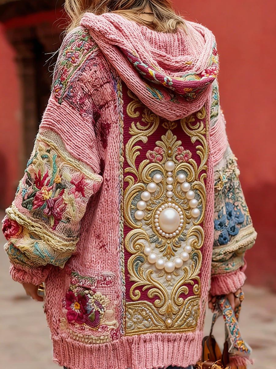 Damski styl vintage świadomość raka piersi z motywem kwiatowy wzór na guziki wygodny sweter z kapturem