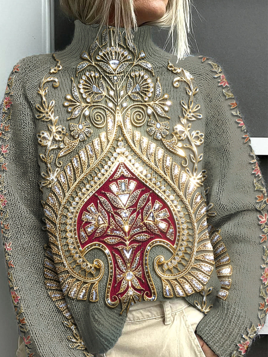 Damski diamentowy kwiatowy nadruk zielony swobodny sweter z golfem