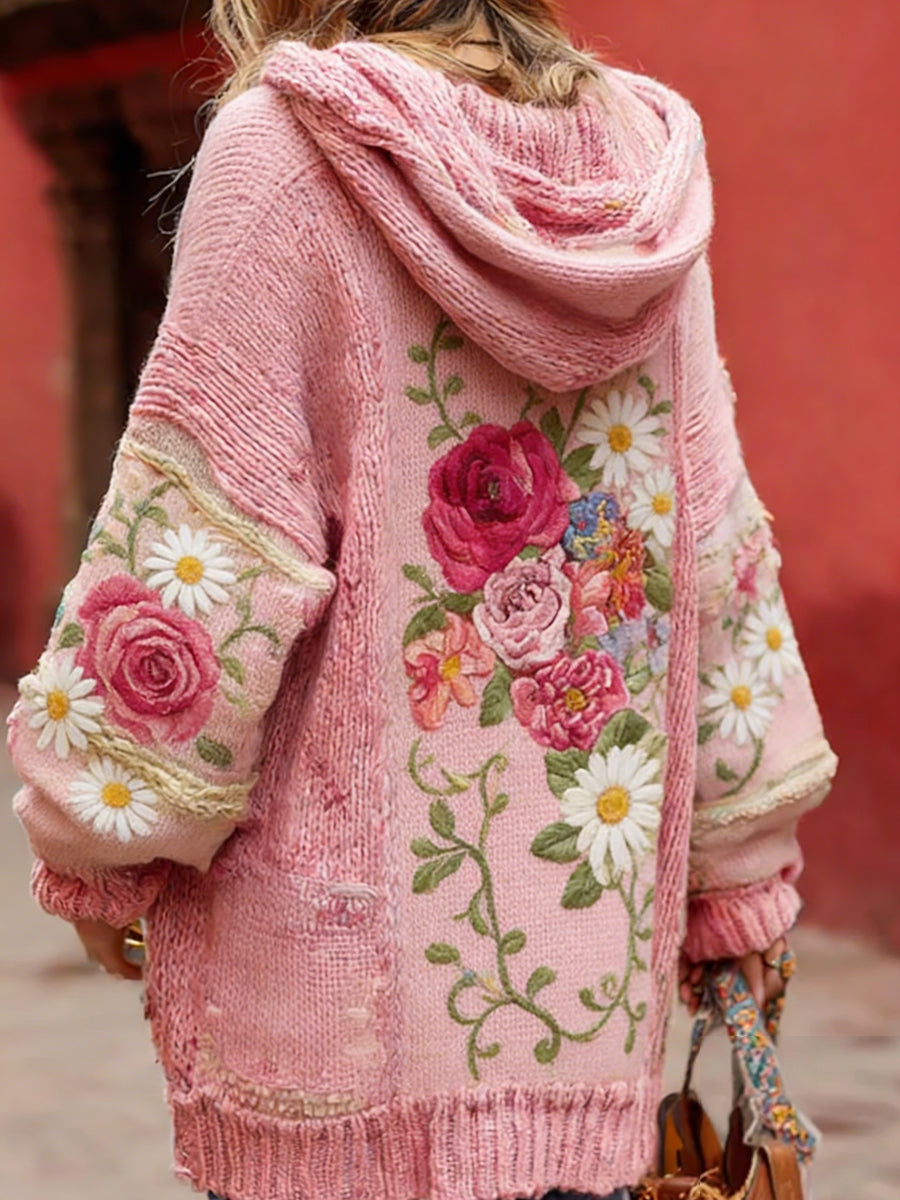 Damski styl vintage świadomość raka piersi z motywem kwiatowy wzór na guziki wygodny sweter z kapturem