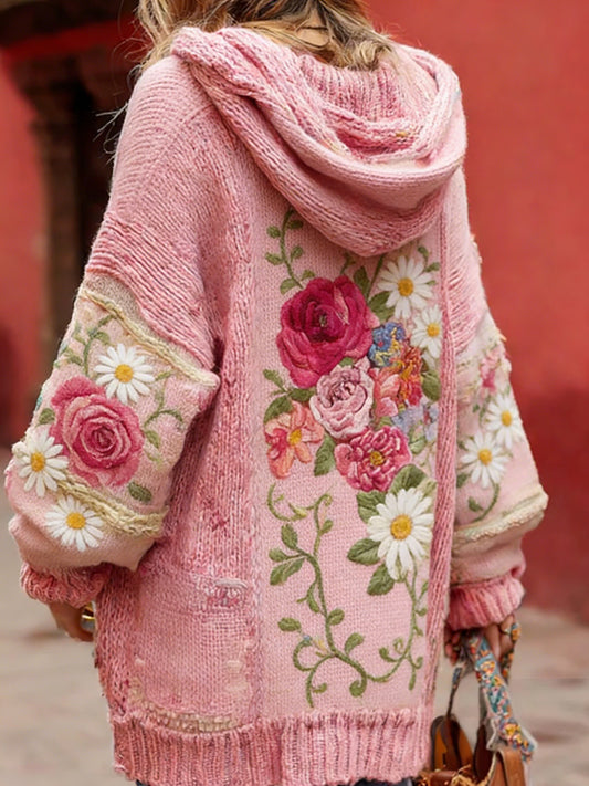 Damski styl vintage świadomość raka piersi z motywem kwiatowy wzór na guziki wygodny sweter z kapturem