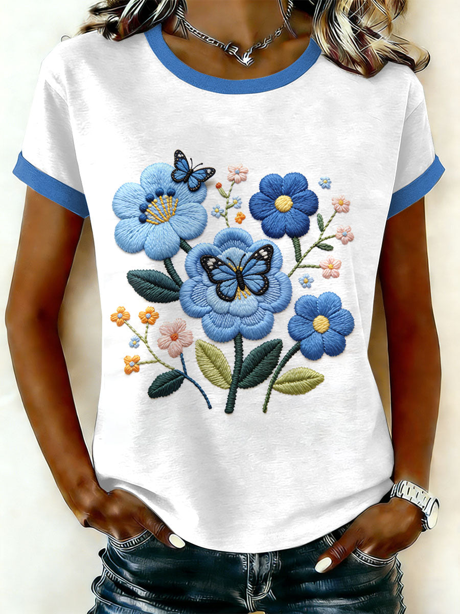 Damska koszulka z krótkim rękawem w kwiatowy wzór w stylu retro