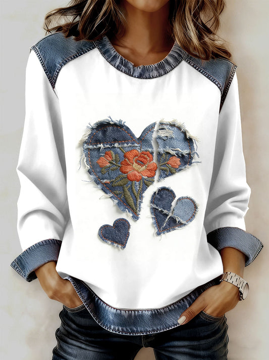 Damska bluza z motywem patchworku w stylu retro z kwiatowym sercem