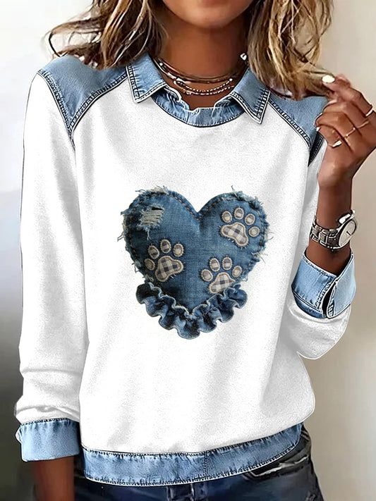 Damska codzienna bluza z nadrukiem patchworku w stylu retro dla psa