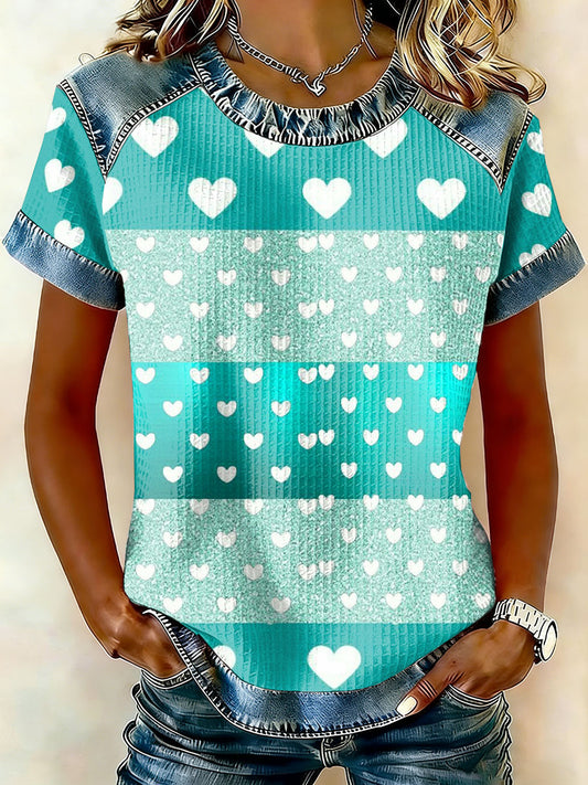 Damskie Vintage Serce Patchwork Nadruk Casual Koszulka z krótkim rękawem