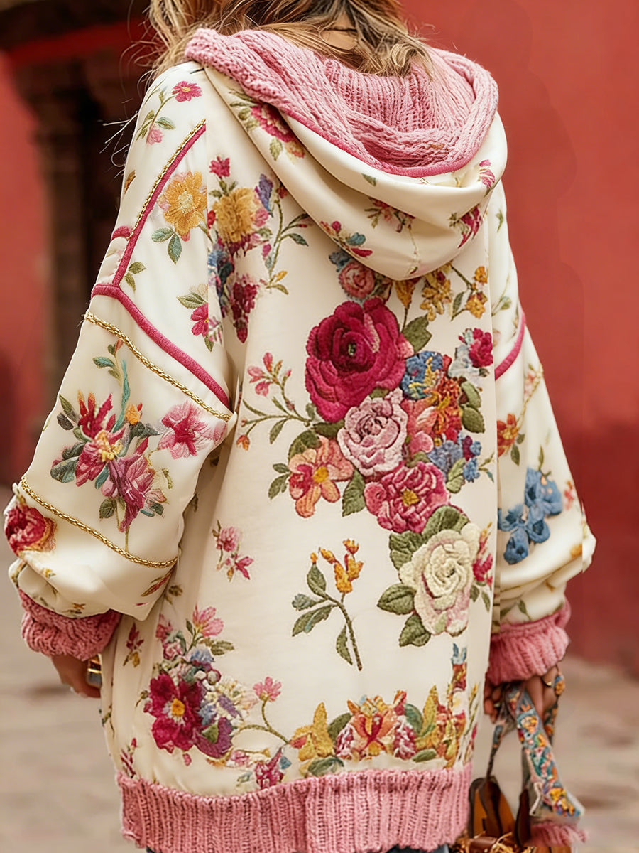 Damski styl vintage świadomość raka piersi z motywem kwiatowy wzór na guziki wygodny sweter z kapturem