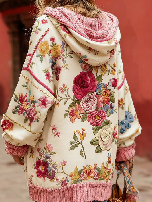 Damski styl vintage świadomość raka piersi z motywem kwiatowy wzór na guziki wygodny sweter z kapturem