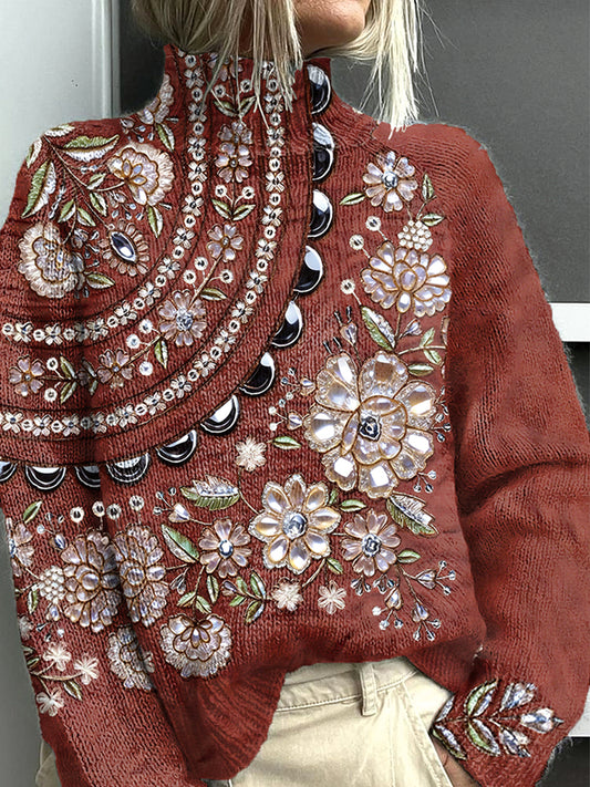 Damski sweter z czerwonym golfem z nadrukiem kwiatowym w stylu vintage