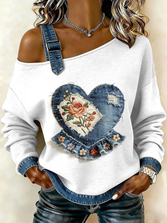 Damska bluza z motywem patchworku w stylu retro z kwiatowym sercem