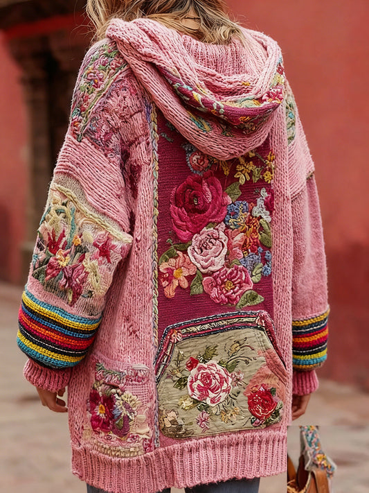 Damski styl vintage świadomość raka piersi z motywem kwiatowy wzór na guziki wygodny sweter z kapturem