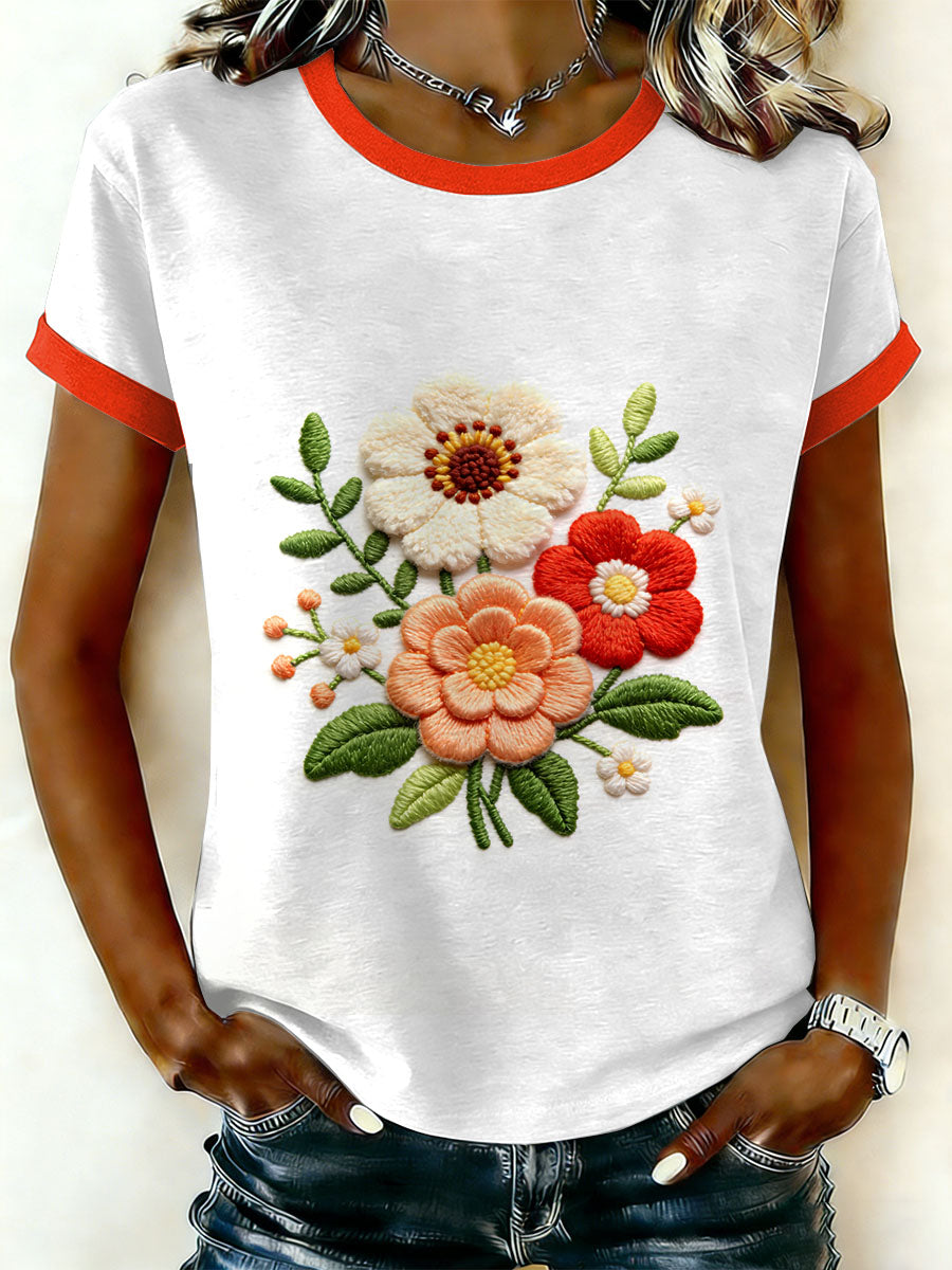 Damska koszulka z krótkim rękawem w kwiatowy wzór w stylu retro