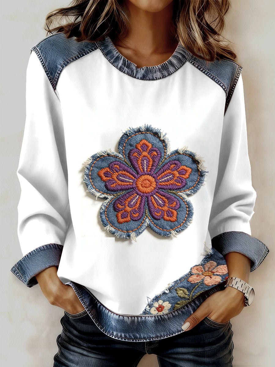 Damska bluza z motywem patchworku w stylu retro z kwiatowym sercem