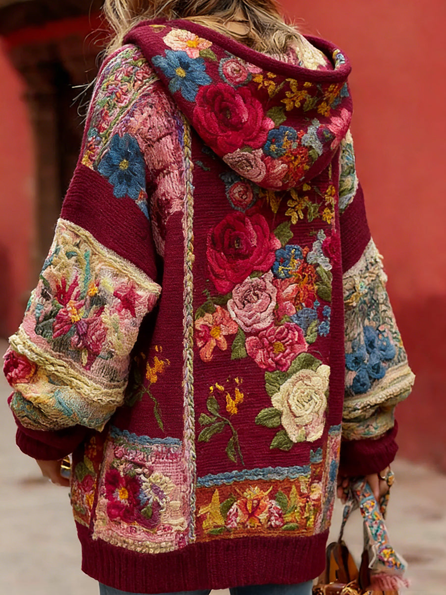 Damski styl vintage świadomość raka piersi z motywem kwiatowy wzór na guziki wygodny sweter z kapturem