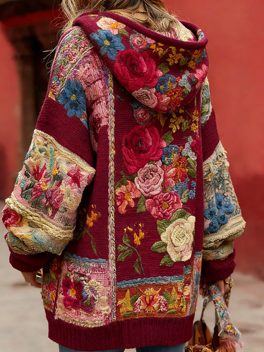 Damski styl vintage świadomość raka piersi z motywem kwiatowy wzór na guziki wygodny sweter z kapturem