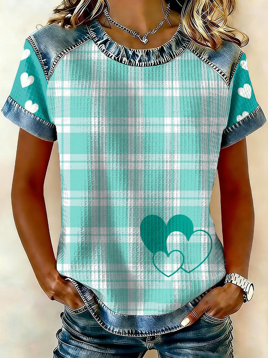 Damskie Vintage Serce Patchwork Nadruk Casual Koszulka z krótkim rękawem