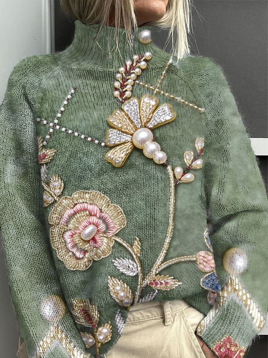 Damski perłowy kwiatowy nadruk zielony swobodny sweter z golfem