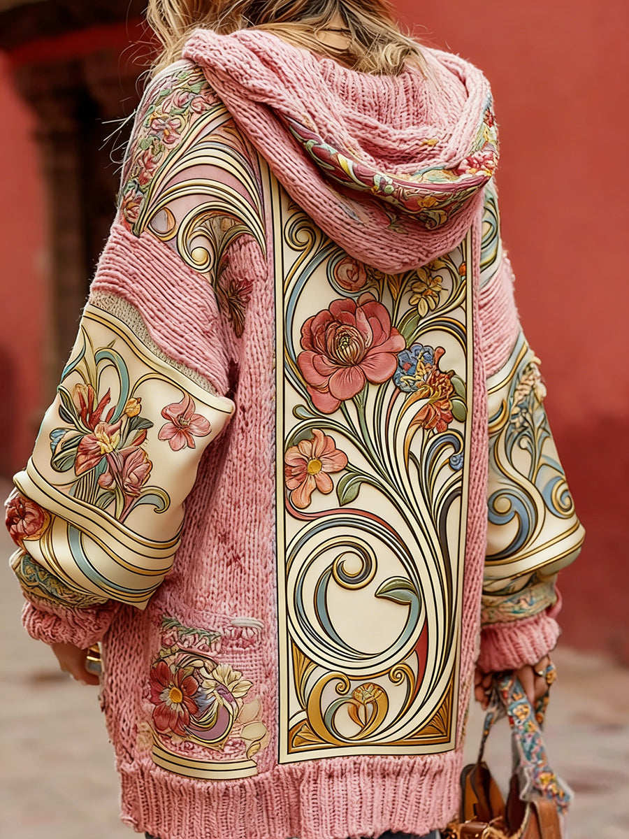 Damski styl vintage świadomość raka piersi z motywem kwiatowy wzór na guziki wygodny sweter z kapturem